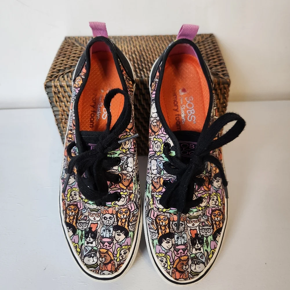 Bobs From Skechers Cat Print Canvas Lace Up Sneakers